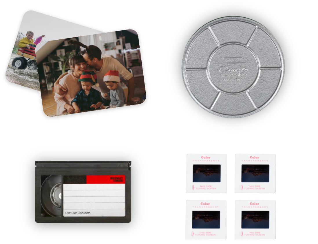 stack of media including reel, photos and vhs tape