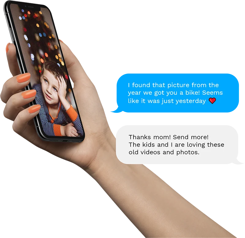 hand holding an iphone with the iMemories App